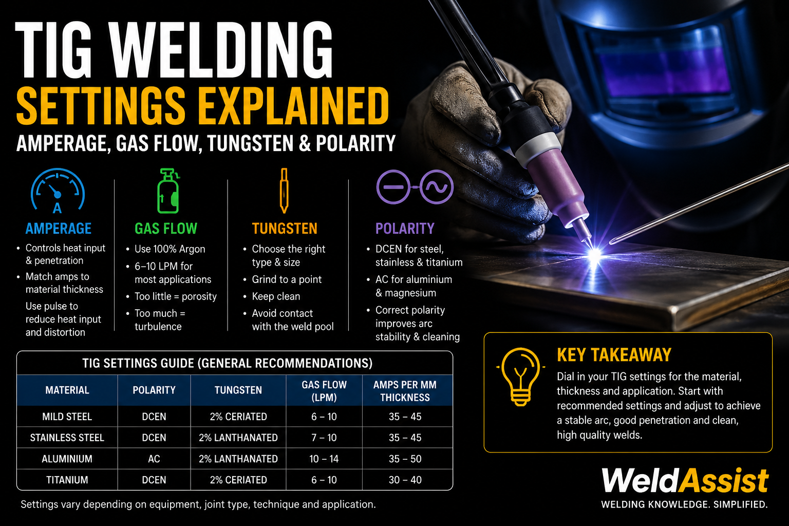 TIG Welding Settings Explained: Amperage, Gas Flow, Tungsten & Polarity